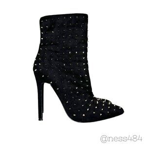 Black Studded Zip-Up Heeled Boots 6.5